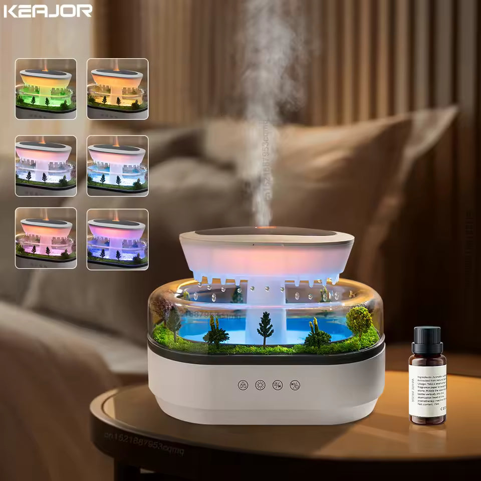 "Raindrop™ Aroma Humidifier – Ultrasonic Diffuser with Colorful LED Light, White Noise & Essential Oil Fragrance for Home"