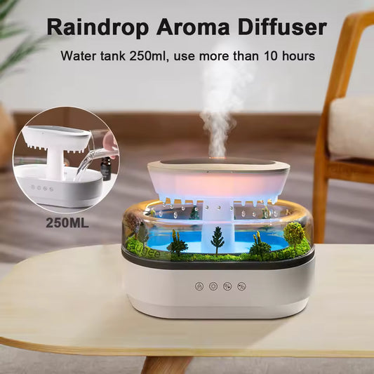 "Raindrop™ Aroma Humidifier – Ultrasonic Diffuser with Colorful LED Light, White Noise & Essential Oil Fragrance for Home"